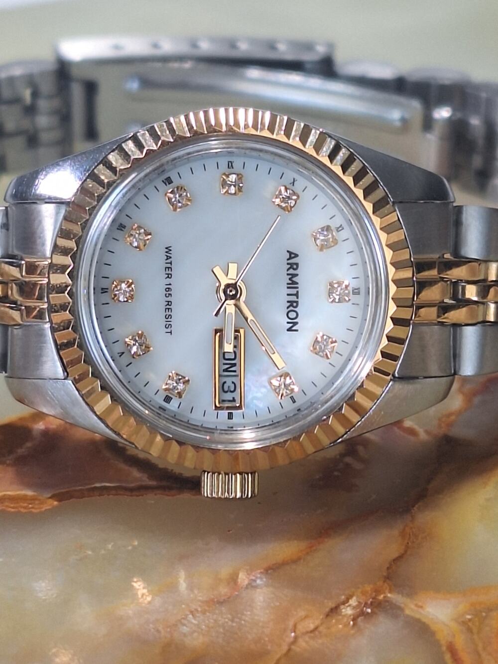 Armitron 75/2475TTB Women's Two Tone MOP Crystal Day Date Quartz Watch 25mm